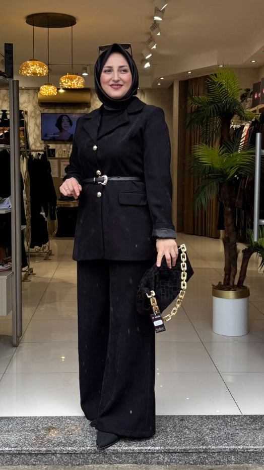 6660 Kadife Kemerli Blazer Ceket Takım