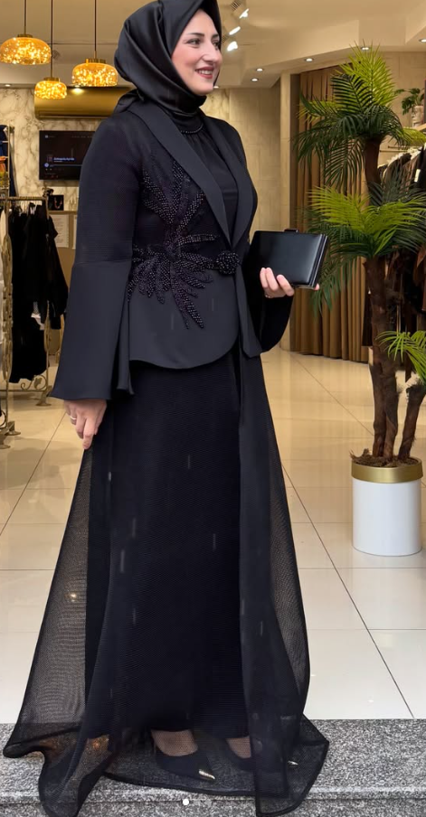 46915 SİYAH İŞLEMELİ ABAYALI TAKIM