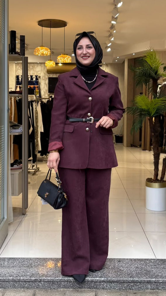 6660 Kadife Kemerli Blazer Ceket Takım